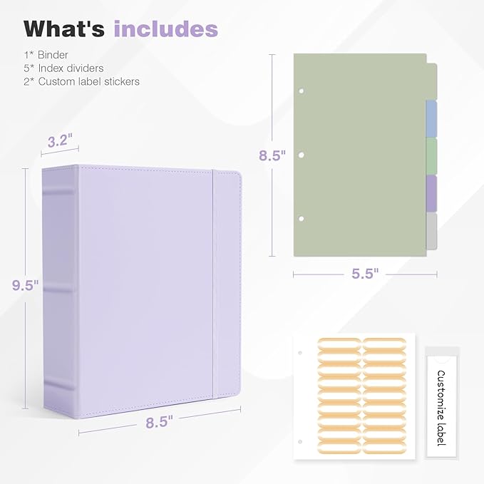 Ospelelf Leather Mini Binder Vintage Hardcover 2 Inch Rings, Professional Small 3 Ring Binders Organizer Suitable for 5.5" x 8.5" Documents, Binder Dividers with Tabs, Purple
