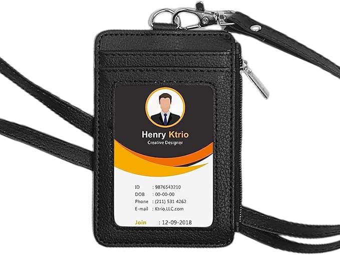 Black ID Badge Holder with Lanyard, Vertical PU Leather ID Badge Card Holder with 1 Clear ID Window, 4 Credit Card Slots and a Detachable Neck Lanyard for Office School Student