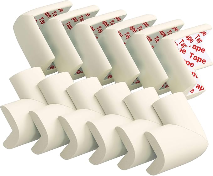 12 Pack Corner Protector Baby Proofing Edge and Corner Guards, Soft Safety Pre-Taped Rubber Foam Furniture Bumpers for Fireplace, Table, Stair, Cabinet (Off White)