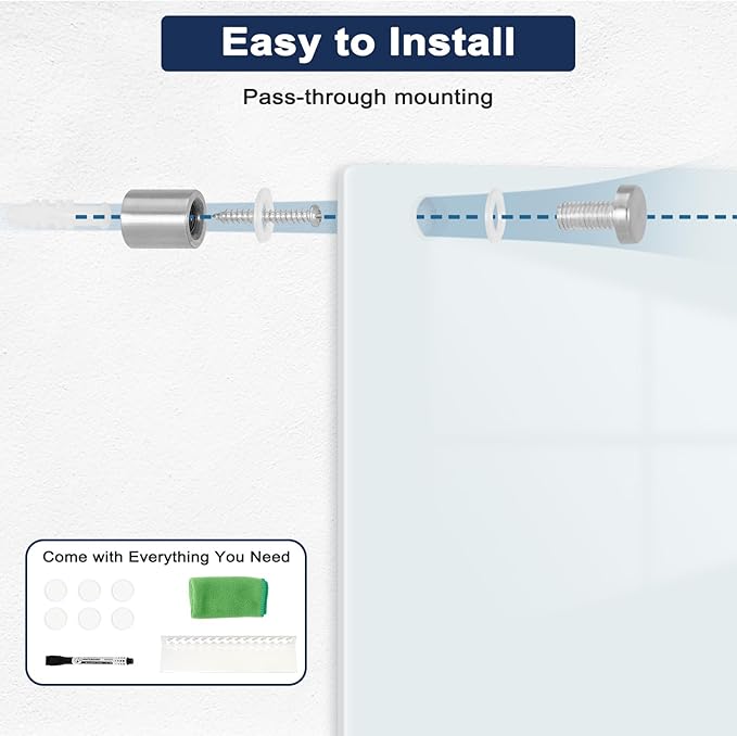 Magnetic Glass Whiteboard, 24" x 18" Glass Dry Erase Board for Wall, Frameless White Board with 1 Marker Tray and 3 Magnets for Office, Home, Classroom - Normal White