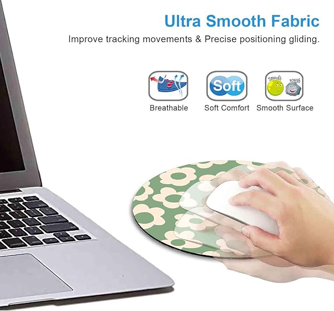 IMAYONDIA Green Round Mouse Pad, Vintage Groovy Flowers Mousepad Small, Non-Slip Rubber Base Modern Mouse Pad for Computer,Laptop,Office, Circular Decor Cute Design Assecories for Girls Kids
