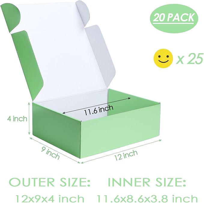 PHAREGE 12x9x4 inch Gift Shipping Boxes Bulk 20 Pack Green, Tab Lock Tuck Top Mailing Boxes for Packaging Small Business, Medium Cardboard Mailer Boxes for Wrapping Present