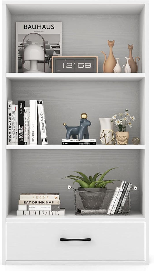 LOKO 4-Tier Bookcase with Storage Drawer, Modern Organizer Display Storage Shelves with Anti-toppling Device, Freestanding Bookshelf with 3 Open Shelves & 1 Drawer, Living Room, Study, Office (White)