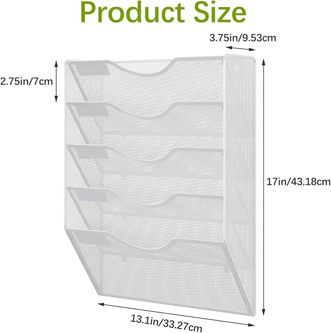 EasyPAG 5 Pocket Mesh Wall File Organizer, Hanging Paper Folder Holder with Classify Label, Vertical Wall Mount Mail Organizer for Office Home Classroom, White