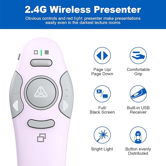 QUI Presentation Clicker Wireless Presenter Remote Clicker for PowerPoint Presentation Remote, PowerPoint Slide Advancer for Mac/Windows/Google Slide/Keynote, USB A, Purple