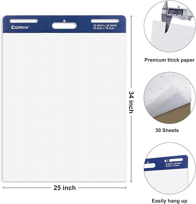 Comix Sticky Dotted Easel Pad, 25 x 30 Inches Anchor Chart Paper for Teachers, Large Self Stick Dot Grid Easel Paper, 30 Sheets/Pad, 2 Pads/Pack