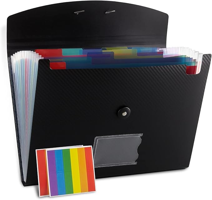 Nicfaec Expanding File Folder, 13 Pockets, Black, Polypropylene