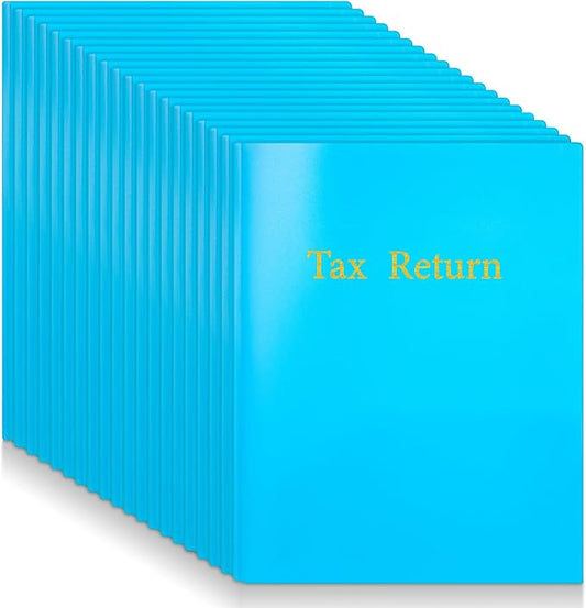 Harloon 40 Pcs Plastic Tax Return Folders 12 x 9 Inches 2 Pocket Folders Bulk Gold Foil Stamped Heavyweight Folder, Holds 8 x 11 Inches Letter Size Paper(Blue)