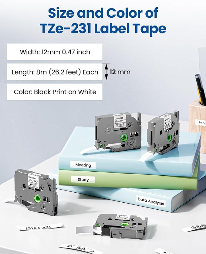 Pillex 10-Pack 12mm 0.47 Laminated White Label Tape Replacement for TZe-231 Brother Label Maker Tape, AZe Black on White Label Tape Compatible with Brother P Touch Label Maker PT-D210 PT-H110 PT-D220