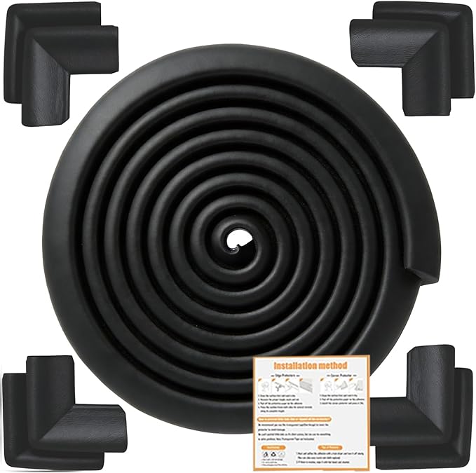 Baby Proof Corners and Edges Protector 20ft Edge+8 Corner Guard, Fireplace Baby Proofing Bumper, Heavy-Duty Soft NBR Foam Edge Corner Protector for Furniture Table, Childsafe/Pre-Taped Black