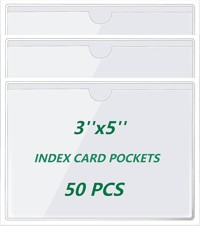 zandfelo 50 Pack 3'' x 5'' Clear Adhesive Index Card Pockets, PVC Labels Holders for Storage Bins and Library Card, Ideal Card Holder with Top Open for Loading and Protecting Your Cards