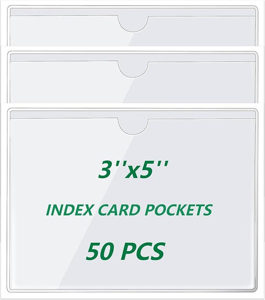 zandfelo 50 Pack 3'' x 5'' Clear Adhesive Index Card Pockets, PVC Labels Holders for Storage Bins and Library Card, Ideal Card Holder with Top Open for Loading and Protecting Your Cards