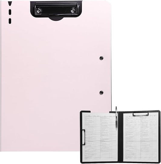 FRETONBA Clipboard Folder, A4 Foldable Clipboard with Horizontal and Vertical Double Metal Clips, 360 Degree Foldable Binder Clipboards with Pen Holder, File Cover Work Folder Clipboards, Pink