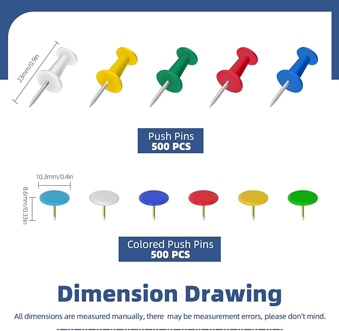 Glarks 1000pcs Vinyl-Coated Thumbtacks and Push Pins Set, Included 500pcs 23mm/0.9in Office Tacks Color Pins, 500pcs 10.3mm/0.4in Flat Thumb Tack, Stick Pins Thumb Tacks for Office & Personal Use
