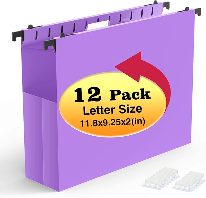 Shutex Extra Capacity Plastic Hanging File Folders,12 Pack Reinforced Expanding Hang Folder Letter Size,Accordian Pocket,Heavy Duty 2 Inch Expansion,Hanging Folder Organizer for Office Home,Purple