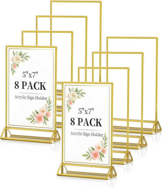 Dynta Acrylic Sign Holder 5x7in Double-Sided Display Stand with Gold Frame Clear Table Sign Holders for Wedding Party Restaurants Home Office(8 Pack)