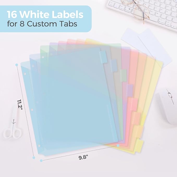 SKYDUE Binder Dividers with Pockets 8-Tab for 3-Ring Binder, Plastic Binder Dividers with Write on Tabs for School Office Home Blue