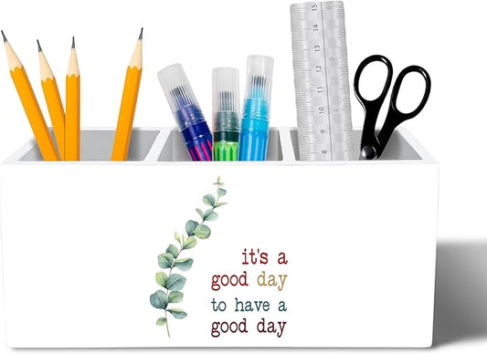 YQDEJ Motivational Eucalyptus Leaves Pen Holder for Desk Accessories, It's a Good Day to Have a Good Day Inspirational Wooden Box Sign Desk Pencil Holder Organizer for Home Office Decoration
