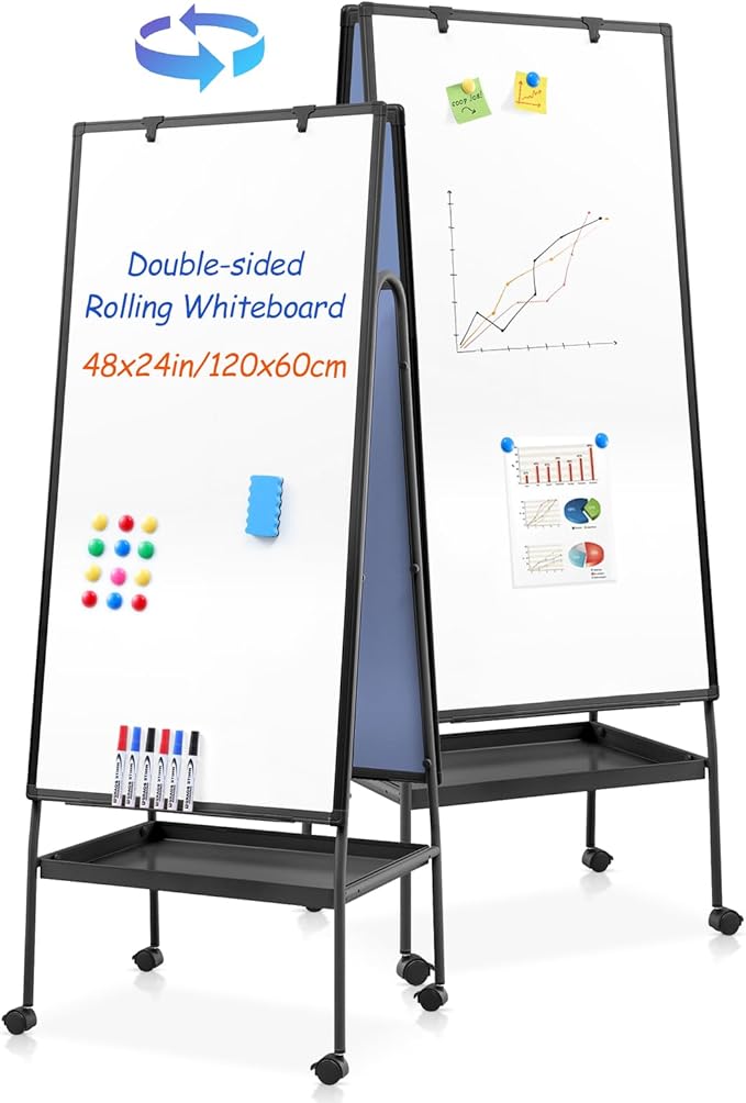 MAKELLO Rolling Whiteboard on Wheels 48x24 in, Double Sided Mobile White Board with Storage Tray for Office School Home, Magnetic Classroom Easel for Teacher, Height Adjustable, Aluminum Frame, 4'x2'