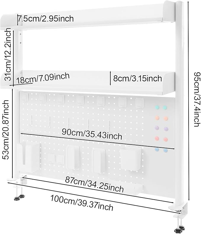 Dlinanta Clamp-On Pegboard Desk Organizer, 2-Tier Clamp On Desk Shelf with Hooks, Office Accessory Organizer for Books, Office Supplies & DIY Storage, 16.5lbs Capacity, 39.37" x 37.4", White