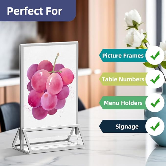 PPH-Sisy Clear Acrylic Sign Holder 5X7 with Silver Borders Display Stand, Double Sided Acrylic Picture Frames Plastic Sign Holder for Wedding Table Numbers Menu Holder (6 Pack)
