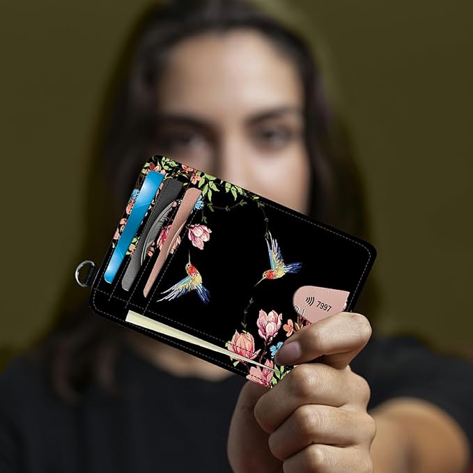 BWEGRHE Small Travel Wallets, Hummingbird Floral Sakura Slim Minimalist Front Pocket Wallet with Wristlet, RFID Blocking PU Leather Credit Card Holder with ID Window Change Purse for Men Women