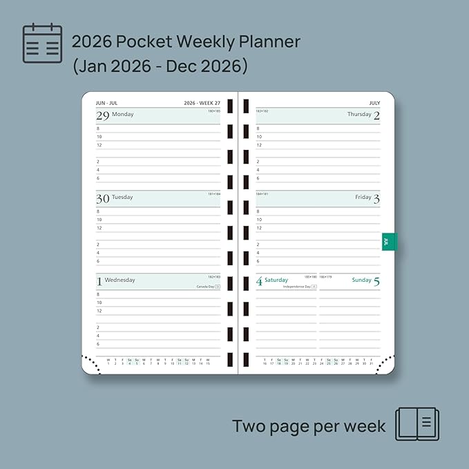 POPRUN 2026 Pocket Planner (Slim Size 3.5" x 6.5") Weekly and Monthly Calendar for Purse, with Hourly Time Slots, 100GSM Thick Paper, Spiral Soft Cover, Pen Holder - Night Sky Blue