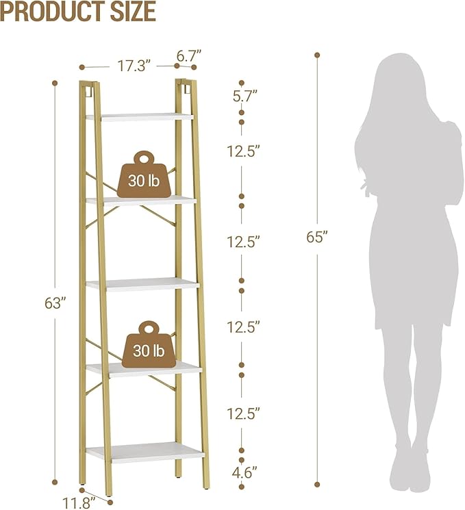 Hzuaneri Ladder Shelf, Bookshelf Bookcase, Freestanding Corner Storage Shelve with 2 Hooks for Home Office, Living Room, Kitchen, Bedroom, Industrial, 11.8" D x 17.3" W x 63" H, White Gold BC19213G