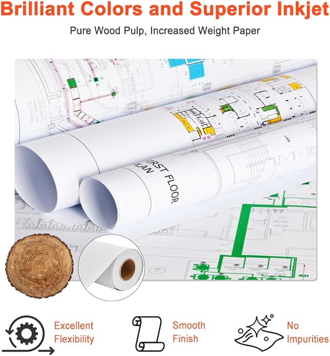 Plotter Paper 36" x 150', 2" Core 4.2 mil - 80 g/m² 20lb Bond Tracing Paper Roll for Wide Format Ink Jet Printers | Architectural Blueprints, Engineering Drawings, CAD, Custom-Sized Prints (4 Rolls）