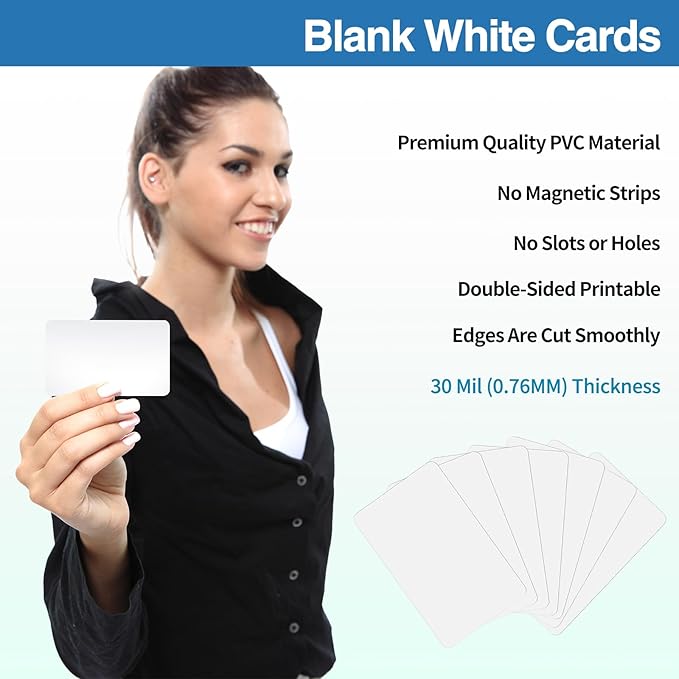 100 Pack - Premium Blank PVC Cards for ID Badge Printers - Premium Quality White CR80 30 Mil (CR8030) by KLMNDUO - Compatible with Most Photo ID Badge Printers(White)