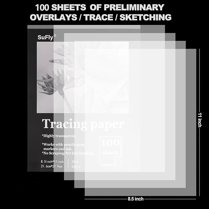 Tracing Paper 8.5x11 inch, 100 Sheets Transparent Vellum Paper for Tracing Pads, 38lb/60gsm Translucent Tracing Paper for Pencil, Marker and Ink，Trace Images, Sketch, Preliminary Drawing, Overlays.