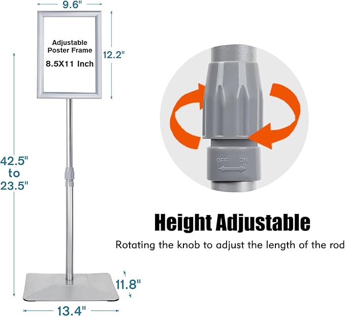 Golemas Adjustable Sign Stand for Display, with Upgraded Iron Base, Pedestal Floor Signage Stand Holder for Outdoor or Indoor Advertising (8.5 x 11, Silver)