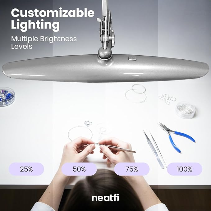 Neatfi XL 2,200 Lumens LED Desk Lamp with Clamp, 24W Bright Architect Task Lamp, 20 Inches Dimmable Computer Light, Adjustable Desk Light for Home, Office, Crafts, Nails & Hobbies (Non-CCT, Silver)