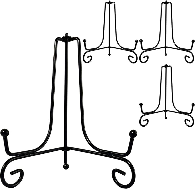 HENABLE 4PCS Premium Black Iron Plate Stands for Display 6 Inch, Decorative Solid Metal Plate Holders for Displaying, Mini Easel, Frame, Book, Card, Plaque, Bowl, Picture Stands for Display