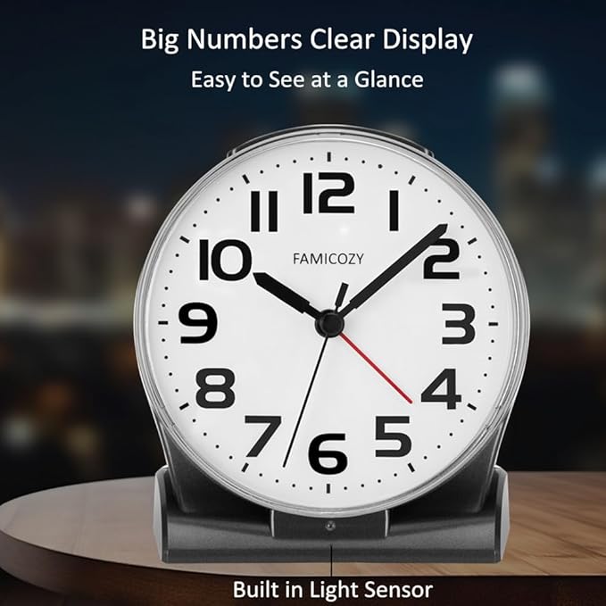 FAMICOZY Automatically Backlighted Alarm Clock,Silent No Ticking for Seniors Vision Impaired,Easy to Set,Big Numbers,Ascending Alarm,Gentle Wake,Snooze,2 AA Battery Operated,Black