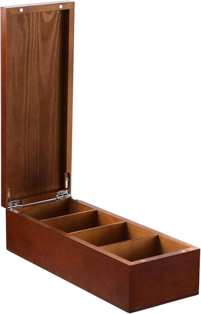 Wooden Business Card Holder, 4-Compartment Card Storage Box, Business Card Organizer, Desktop Divided Index Card Box for Office, Home, 11.1×4.4×3"
