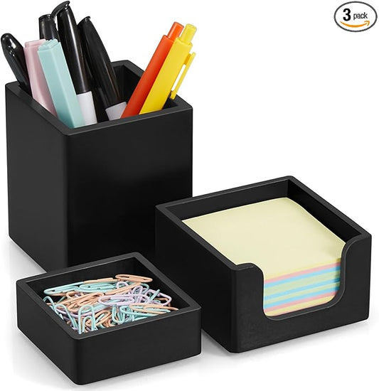 CMLKLZD Black Desk Organizer Set of 3 - Wood Office Desk Accessories - Desk Organizers and Accessories for Women Men - Set incl. Pencil Pen Holder, Paperclip Storage and Sticky Note Holder