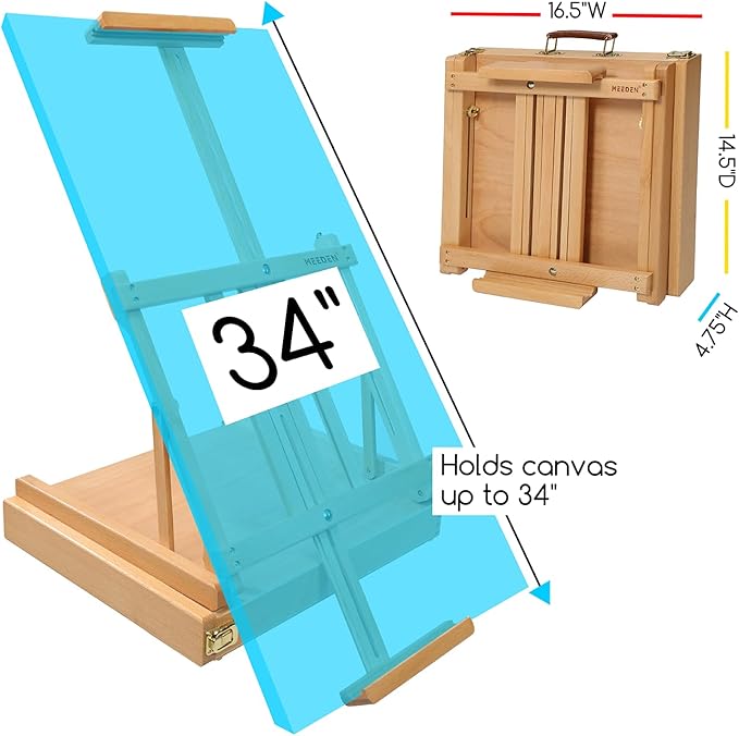 MEEDEN Studio Sketchbox Table Easel with Metal Lined Drawer - Adjustable Solid Beech Wood Tabletop Easel & Sketchbox Artist Easel with Storage, for Studio or Plein Air - Holds canvases up to 34" high