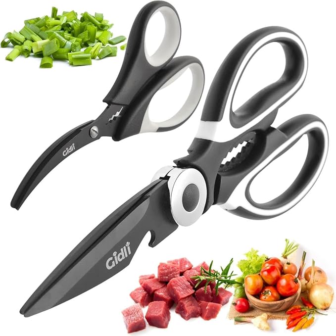 Titanium Coated Kitchen Shears by Gidli - Liftime Replacement Warranty* - Includes Seafood Scissors As a Bonus - Heavy Duty Utility Titanium All Purpose Ultra Sharp Scissors for Food/Cooking