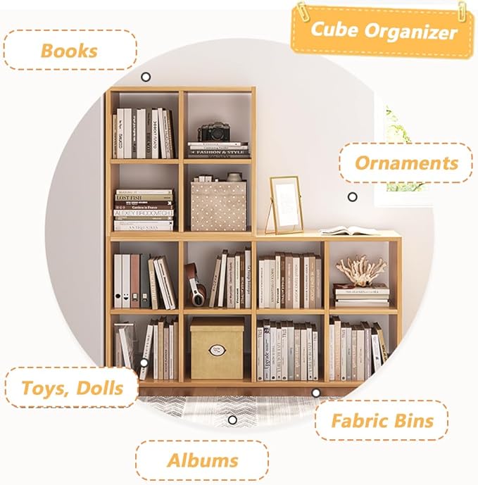 NELYE 8 Cube Organizer Bookcase - Fabric Storage Bins Container, Open Shelf Simple Compartments Bookshelf, Oak