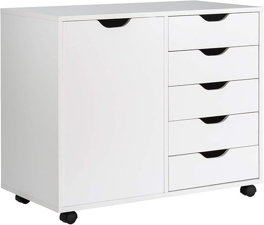 Giantex File Cabinet, Mobile Lateral Filing Cabinet with 5 Drawers &1 Door, Wheels, Rolling Storage Organizer for Home Office, Study Room (31”x 15.5” x 25.5”, White)