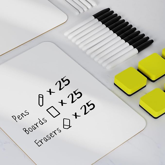 Dry Erase Lapboards, HERKKA 25 Pack Double Sided Dry Erase Lap Boards 9 x 12.5 Inch, 25 Markers, 25 Erasers, Small Dry Erase Boards for Students Classroom Teacher Supplies