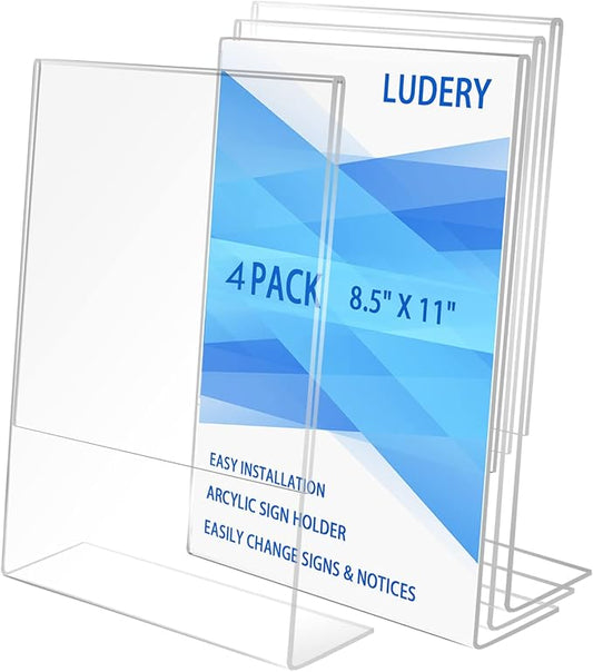Ludery 8.5x11 Inches Acrylic Sign Slant Back Holder, Plastic Display Stand,Brochure Holder, Table Top Sign Holder For Office, Home, Store, Restaurant… (4pack)