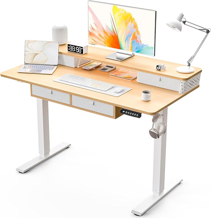 Kingant 48 x 24 Inch Electric Standing Desk with 4 Drawers, Height Adjustable Sit to Stand Computer Desk with Storage Shelf and C-Clamp Mount Compatibility for Home Office, Nature