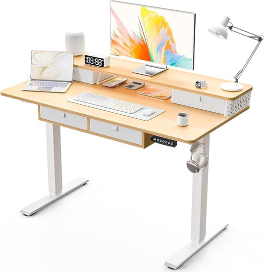 Kingant 48 x 24 Inch Electric Standing Desk with 4 Drawers, Height Adjustable Sit to Stand Computer Desk with Storage Shelf and C-Clamp Mount Compatibility for Home Office, Nature