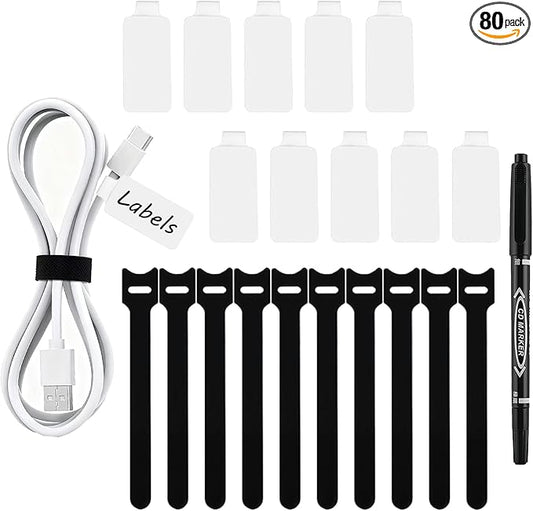 80-Pack Reusable Cable Labels & Cord Ties Kit – Write-On Wire Labels, Snap Ties + Dual-Tip Marker for Home Office Electronics Organization | Cable Tags, Cord Labels & Wire Markers Included