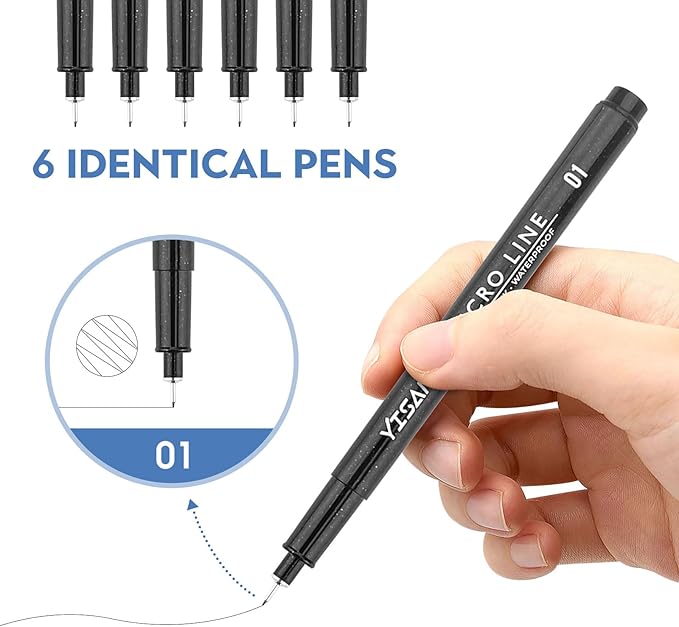 YISAN Ultra Fine Tip Pens Black 01,Extra Fine Point Writing Ink Pens,0.25mm No Bleed Thin Art Markers for Drawing,Bible,Manga,6 PCS,70320