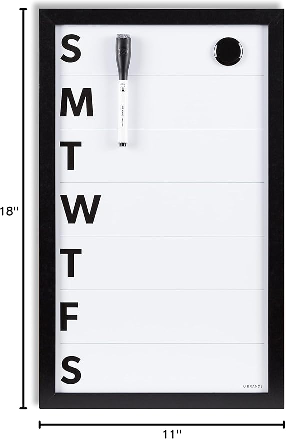 U Brands Framed Magnetic Weekly Calendar Dry Erase White Board, Office Supplies, Black Frame, with Marker, Magnet, 11” x 18”