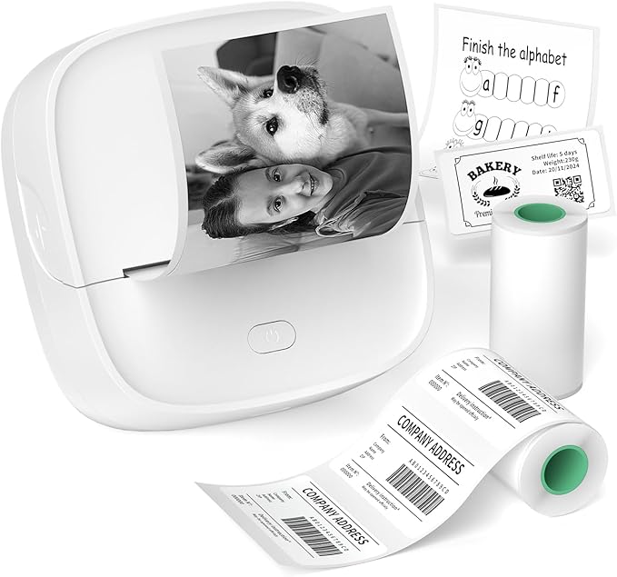 Gloryang JD-23 Sticker Printer, Mini Portable Thermal Printer Print Pod, Inkless Bluetooth Label Maker with Smart App for Phone & Tablet for Office & Home Use, 2 Rolls Sticker Paper, White