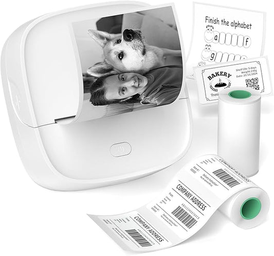 Gloryang JD-23 Sticker Printer, Mini Portable Thermal Printer Print Pod, Inkless Bluetooth Label Maker with Smart App for Phone & Tablet for Office & Home Use, 2 Rolls Sticker Paper, White